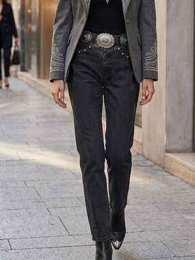 Roughrider by Circle T Black Western Studded Faux Leather Panel‎ Jeans 4614 9/10